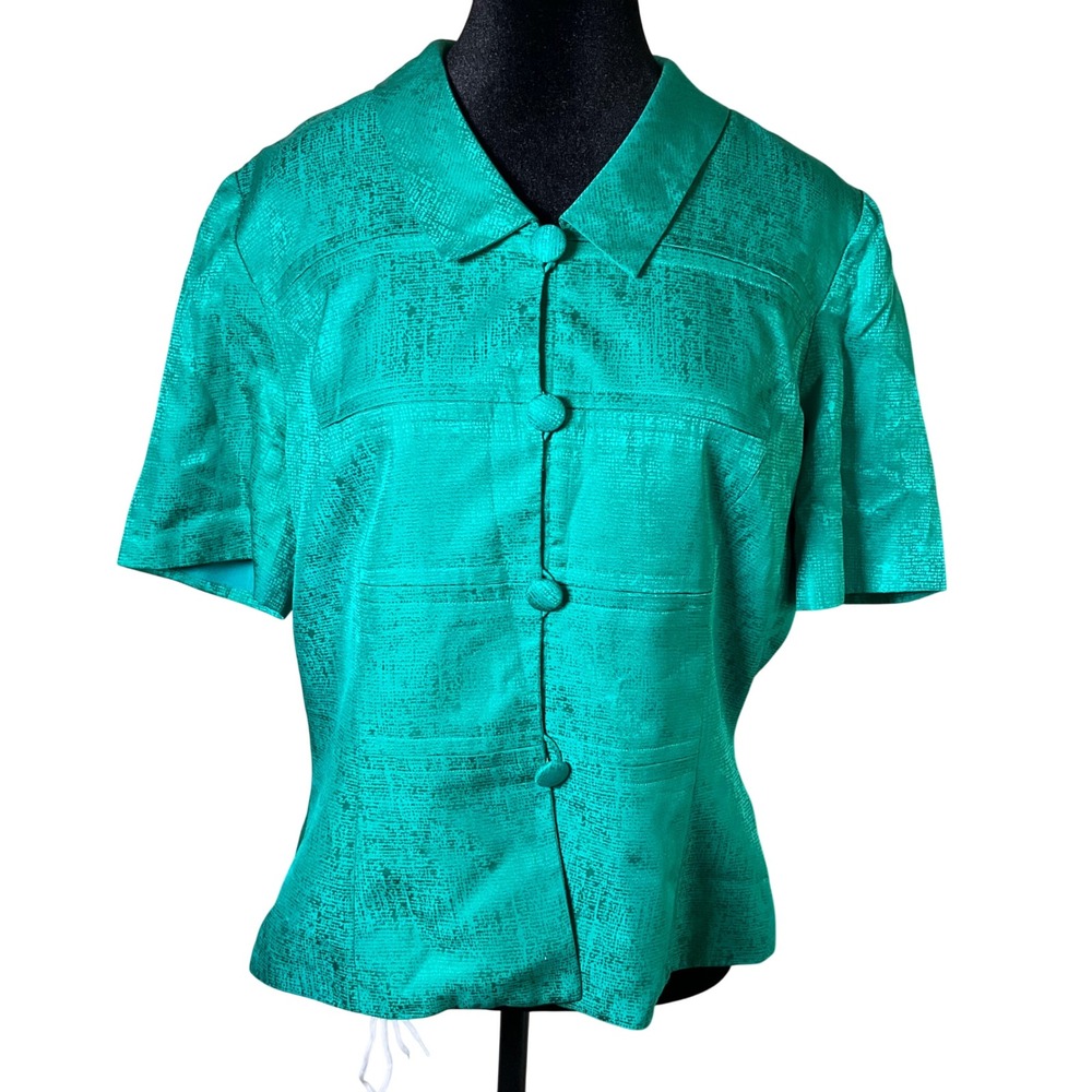 Adrianna Papell Silk Blazer Blouse Jade Green Textured Short Slv Button Top 12